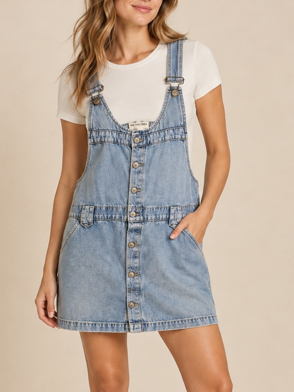 Free People We The Free Overall Smock Mini Dress Light Wash Denim